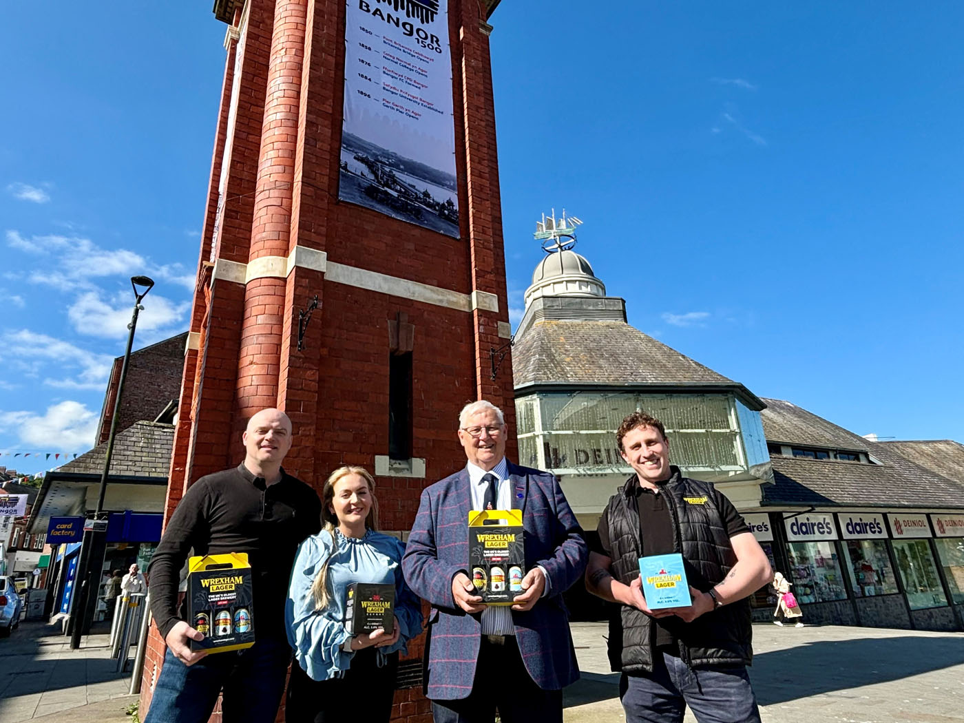 Photo shows: Mayor Cllr Gareth Parry, Rob Tunstall Wrexham Lager, Rachel Harries Bangor City Council, Dr Martin Hanks Bangor City Council and Jacob Campbell Wrexham Lager.